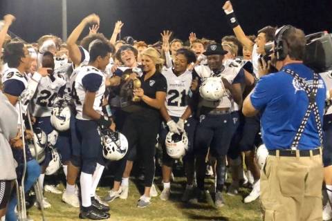 Foothill players celebrate after beating Palo Verde 28-13 on Thursday, Sept. 19, 2019. (Foothil ...