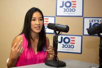 Michelle Kwan, two-time Olympic figure skating medalist, speaks during an interview at a Democr ...