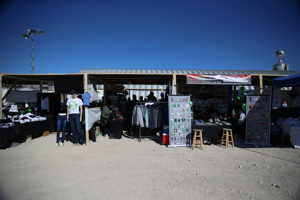 Merchandise stands during the Alien Basecamp alien festival at the Alien Research Center in Hik ...