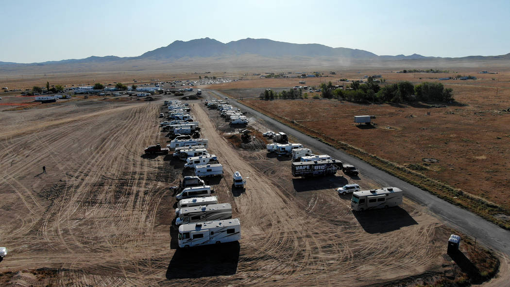 RVs line the back border of the Alienstock event grounds in Rachel, near Area 51, on Friday, Se ...