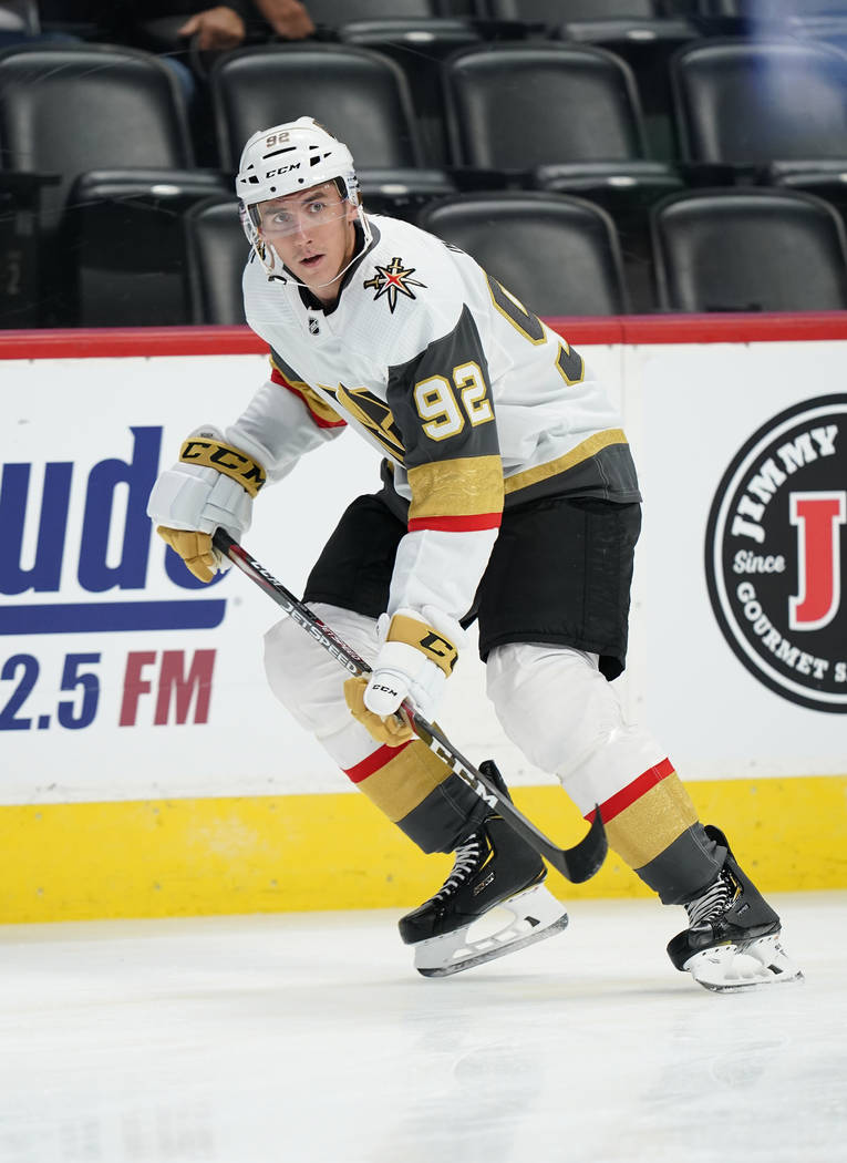 Vegas Golden Knights left wing Tomas Nosek skates during warm-ups before the start of a preseas ...