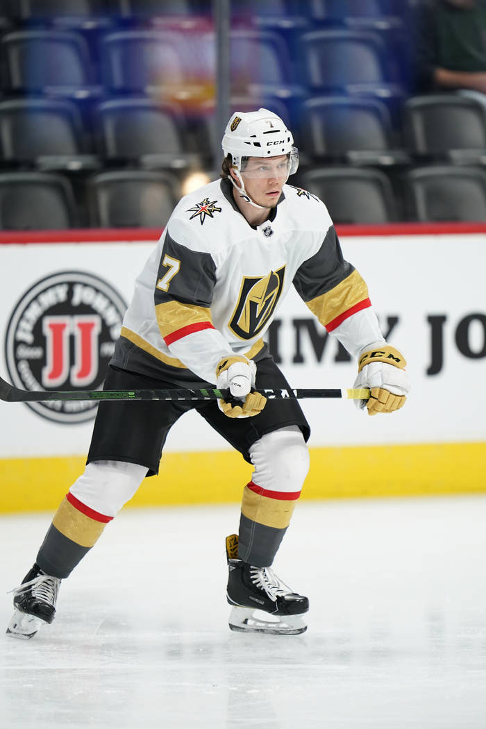 Vegas Golden Knights left wing Valentin Zykov skates during warm-ups before the start of a pres ...