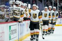 Vegas Golden Knights left wing Valentin Zykov (7) celebrates a goal against the Colorado Avalan ...