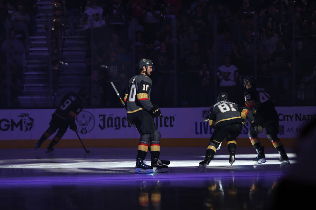 Vegas Golden Knights center Nicolas Roy (10) takes the ice with his team for an NHL preseason h ...