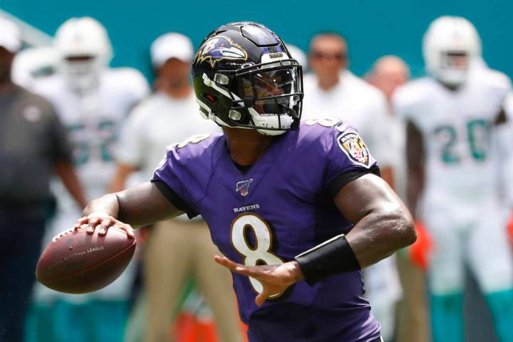 In this Sunday, Sept. 8, 2019, file photo, Baltimore Ravens quarterback Lamar Jackson (8) looks ...