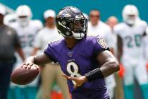 In this Sunday, Sept. 8, 2019, file photo, Baltimore Ravens quarterback Lamar Jackson (8) looks ...