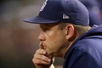 San Diego Padres manager Andy Green watches the action on the field during the third inning of ...