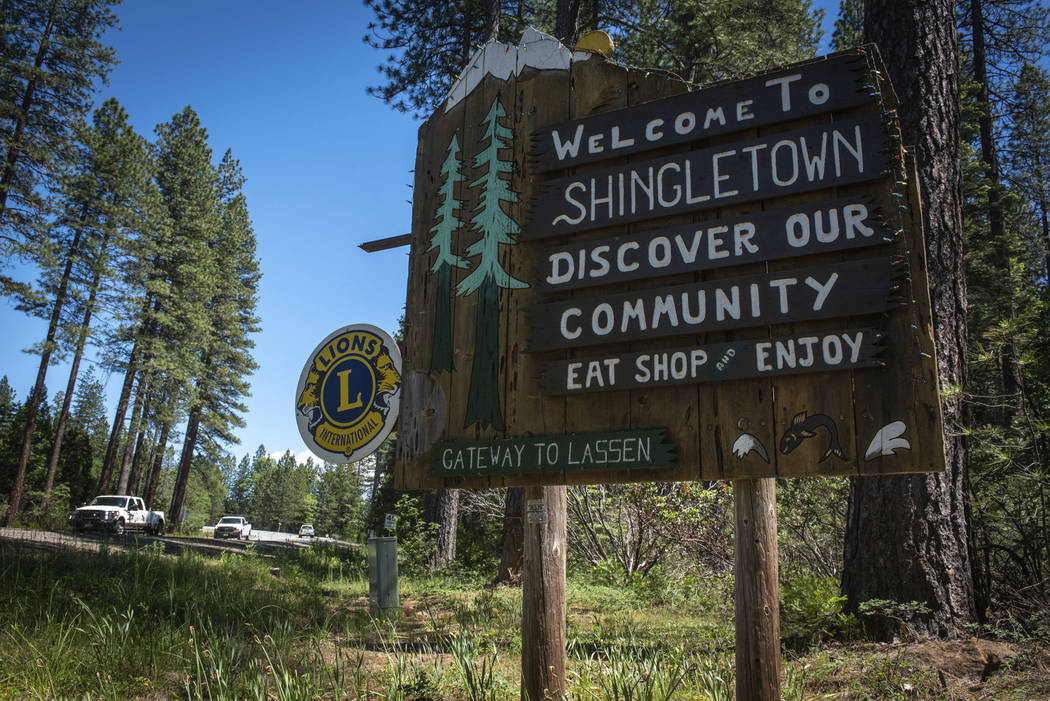 In this photo taken June 11, 2019, is a sign outside Shingletown, Calif. The town got its name ...