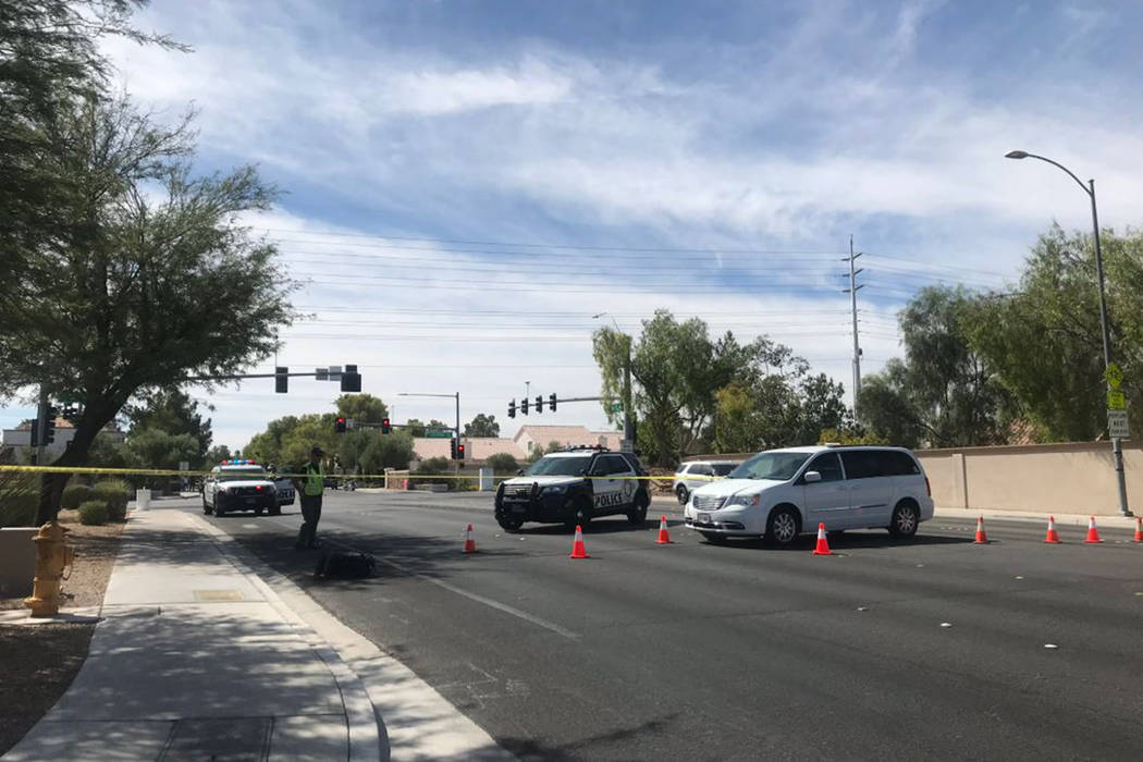 Police investigate a fatal crash Sunday, Sept. 22, 2019, near West Cheyenne Avenue and North So ...
