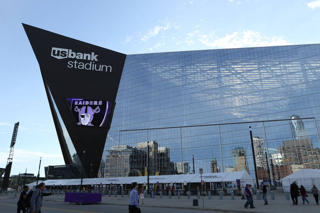 Outside view of U.S. Bank Stadium prior to the start of an NFL game between the Minnesota Vikin ...