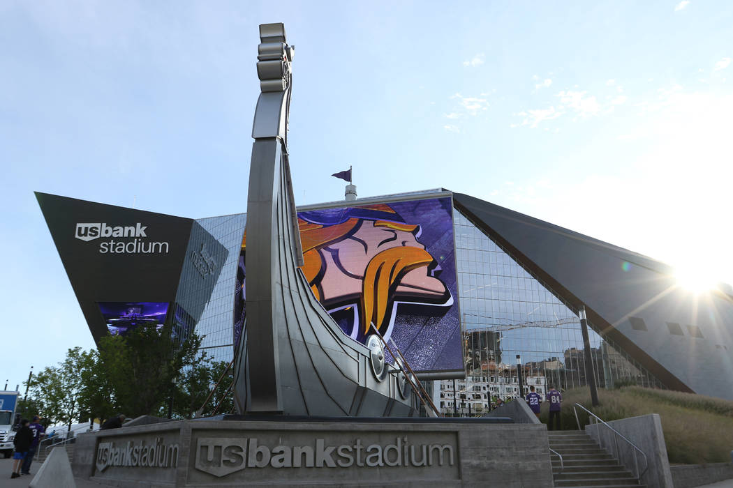 An outside view of U.S. Bank Stadium prior to the start of an NFL game between the Minnesota Vi ...