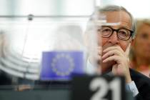 European Commission President Jean-Claude Juncker listens Wednesday, Sept. 18, 2019 in Strasbou ...