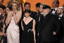 Emilia Clarke, from left, Sophie Turner, Maisie Williams, Alfie Allen, George R. R. Martin and ...