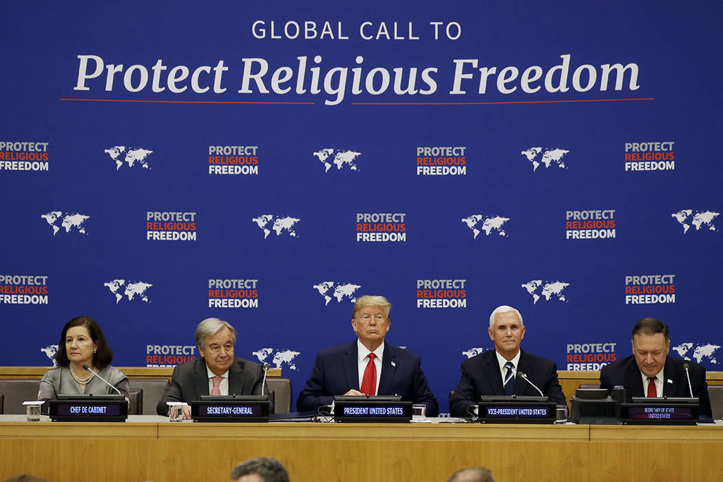 President Donald Trump listens at an event on religious freedom during the United Nations Gener ...