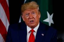 President Donald Trump speaks during a meeting with Pakistani President Ashraf Ghani at the Int ...