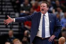 FILE - In this March 21, 2019, file photo, Kansas head coach Bill Self reacts in the first half ...
