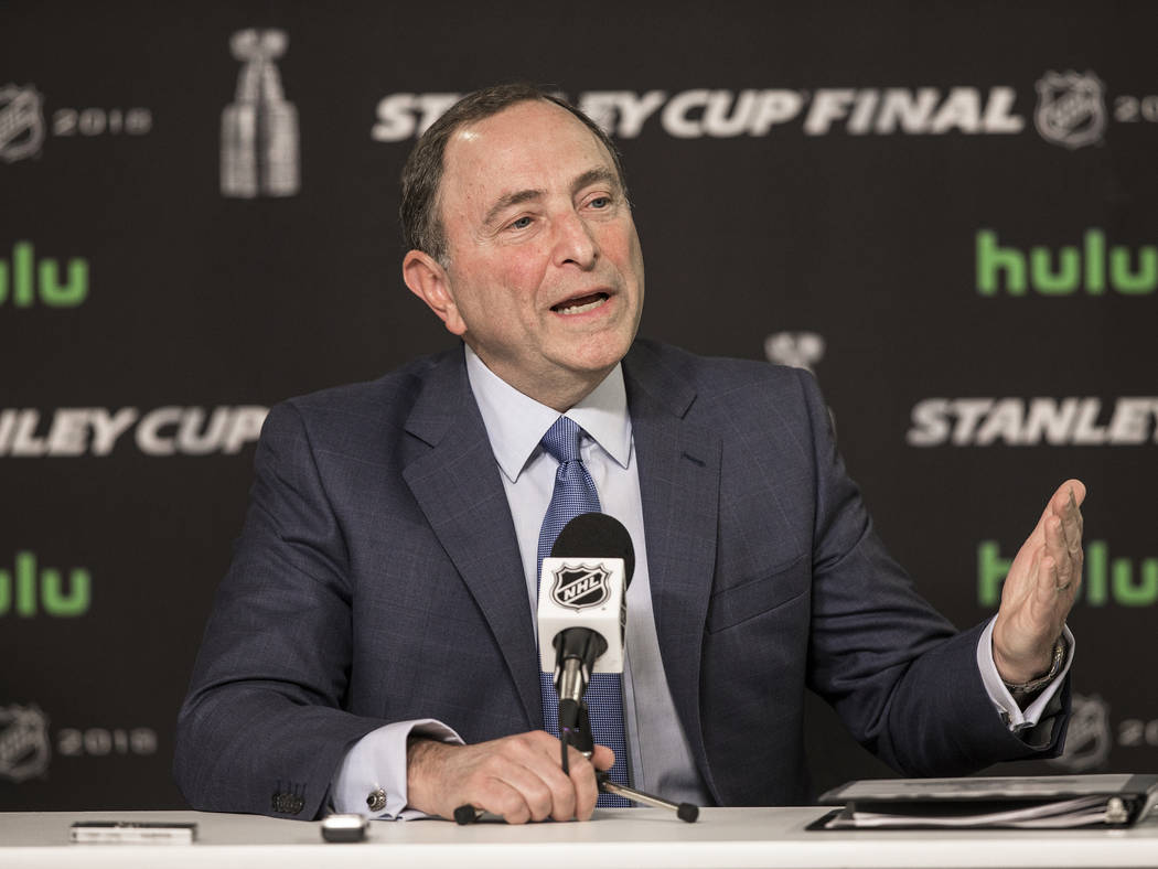 NHL Commissioner Gary Bettman answers questions during a press conference before Game 1 of the ...
