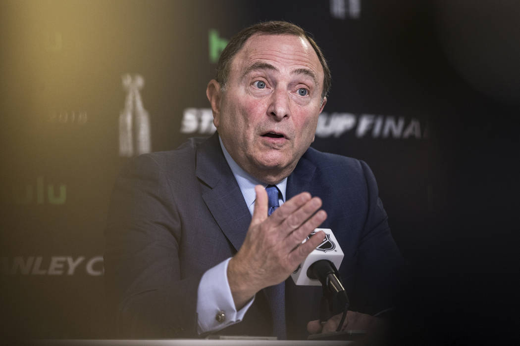 NHL Commissioner Gary Bettman answers questions during a press conference before Game 1 of the ...