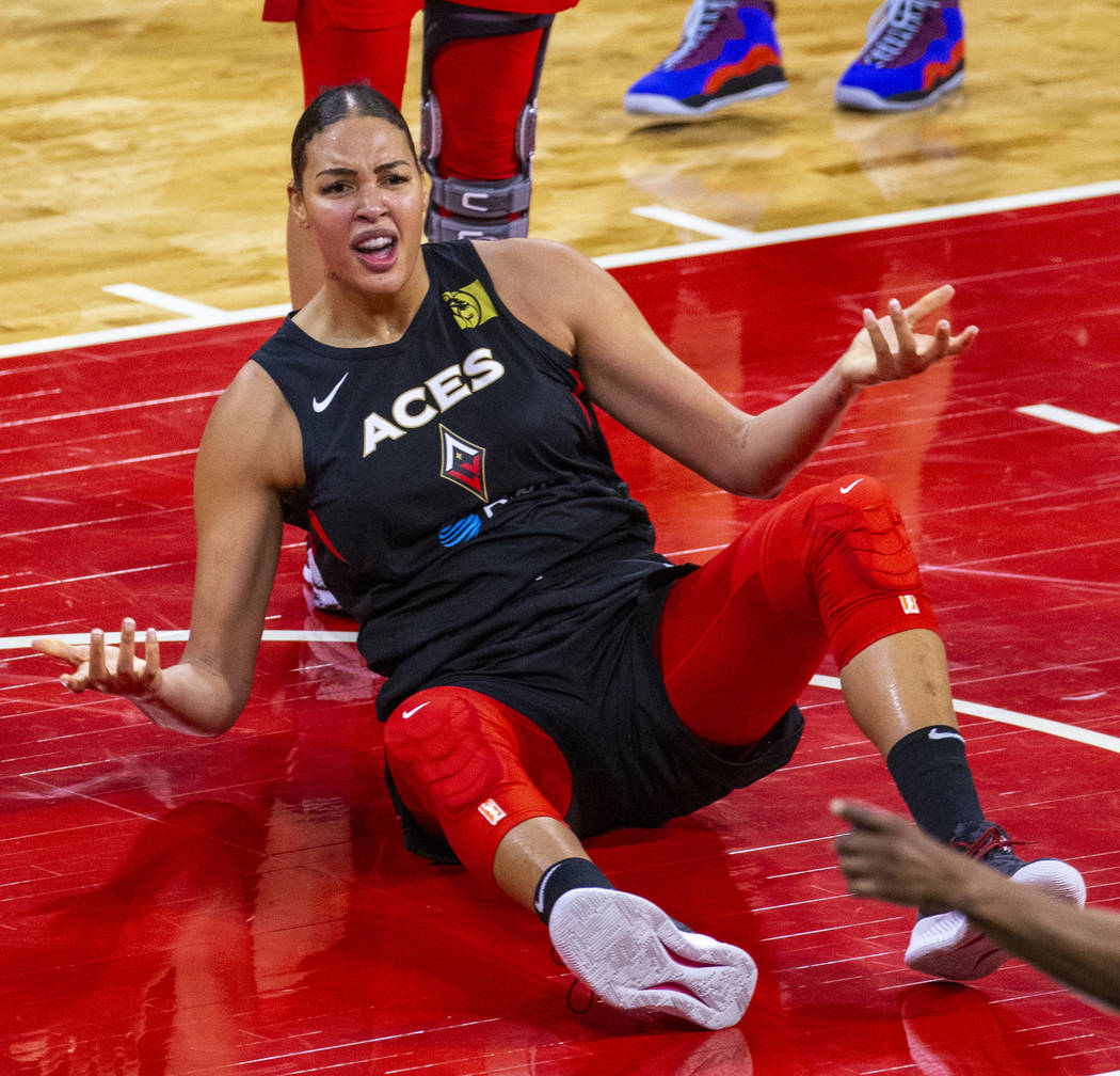 Las Vegas Aces center Liz Cambage (8) is frustrated by the lack of a foul call late versus the ...