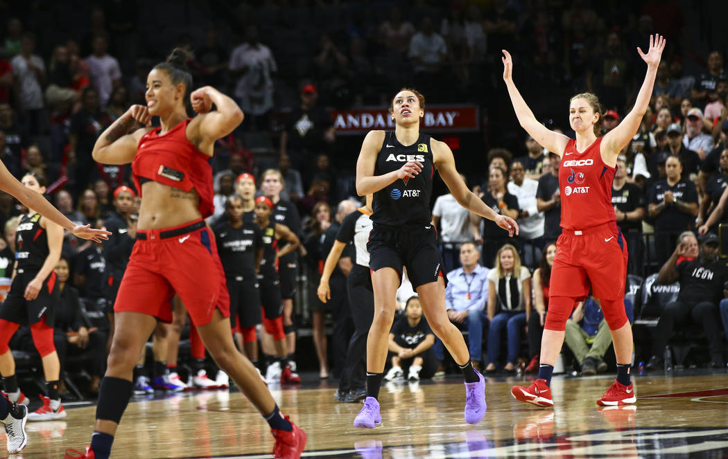 Las Vegas Aces' Dearica Hamby watches her shot miss the mark in the final seconds of the fourth ...