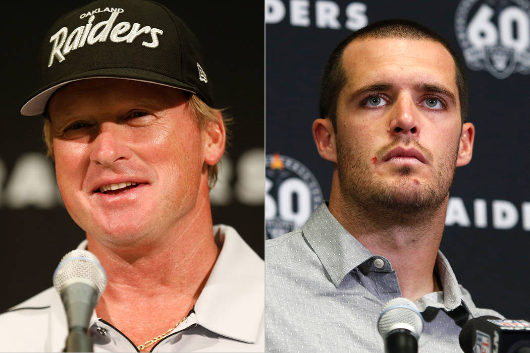 Raiders coach Jon Gruden, left, and QB Derek Carr, right. (The Assoicated Press)
