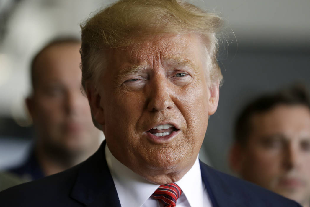 President Donald Trump speaks at a news conference in Webster, Texas, Sunday, Sept. 22, 2019. F ...