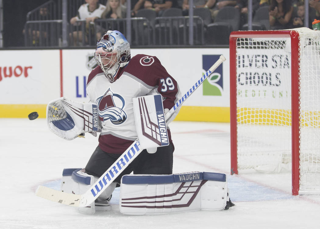 Colorado Avalanche goaltender Pavel Francouz (39) makes a save in the first period during their ...