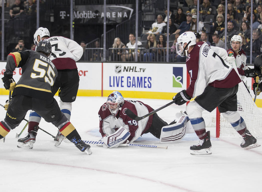 Colorado Avalanche goaltender Pavel Francouz (39) makes a save against Vegas Golden Knights rig ...