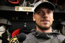 Vegas Golden Knights defenseman Shea Theodore (27) speaks to reporters at City National Arena i ...