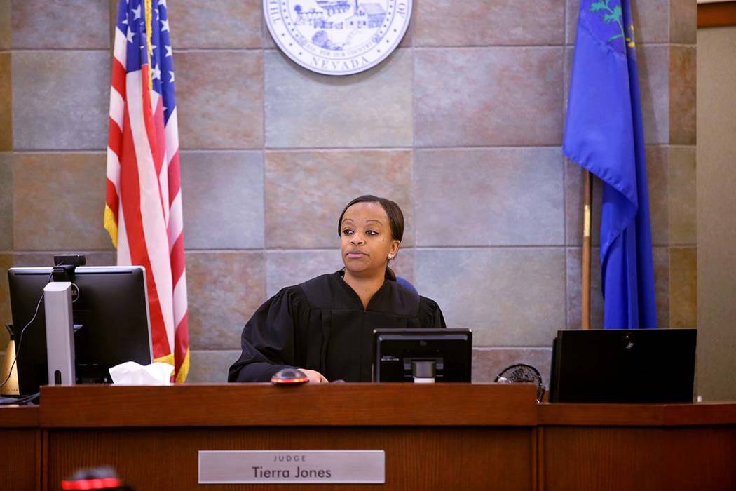 District Judge Tierra Jones presides during closing arguments in the case against Las Vegas pol ...