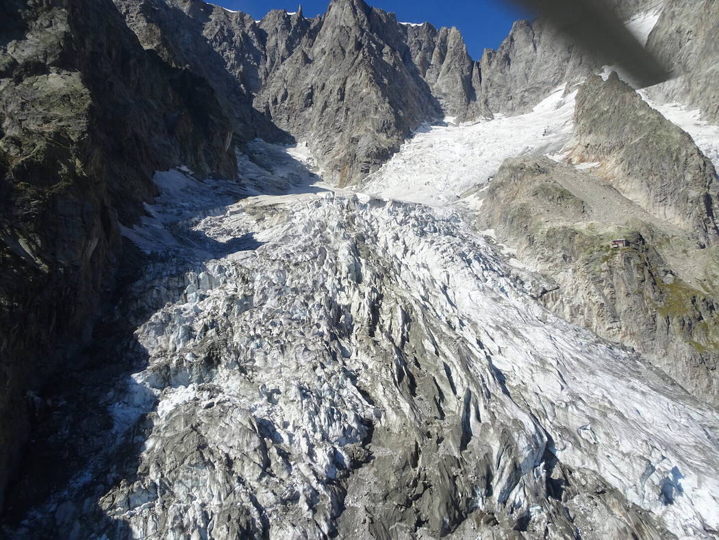 This photo taken on Friday, Sept. 20, 2019 shows the massive Planpincieux glacier, located in t ...