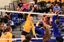 Then-Boulder City High School senior Raegan Herr throws down a strike against Basic on Tuesday, ...