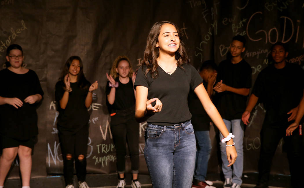 Eighth grade student Kameela Ben Rhouma during a rehearsal for an anti-bullying play called &#x ...