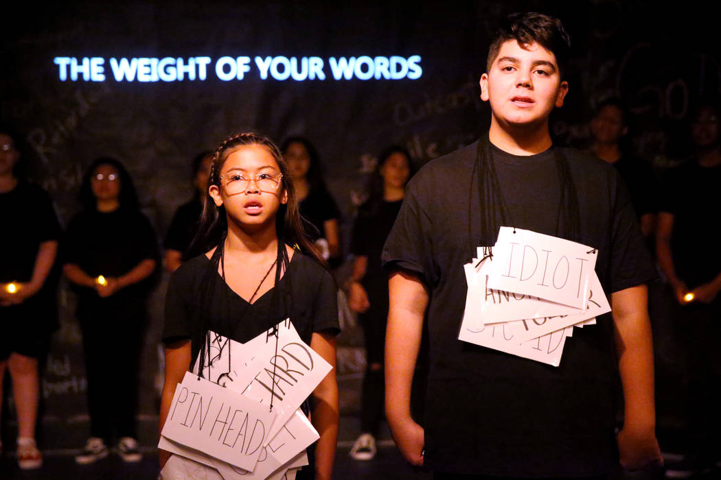 Eighth grade students Cherish Chang and Khalid Mustafa during a rehearsal for an anti-bullying ...
