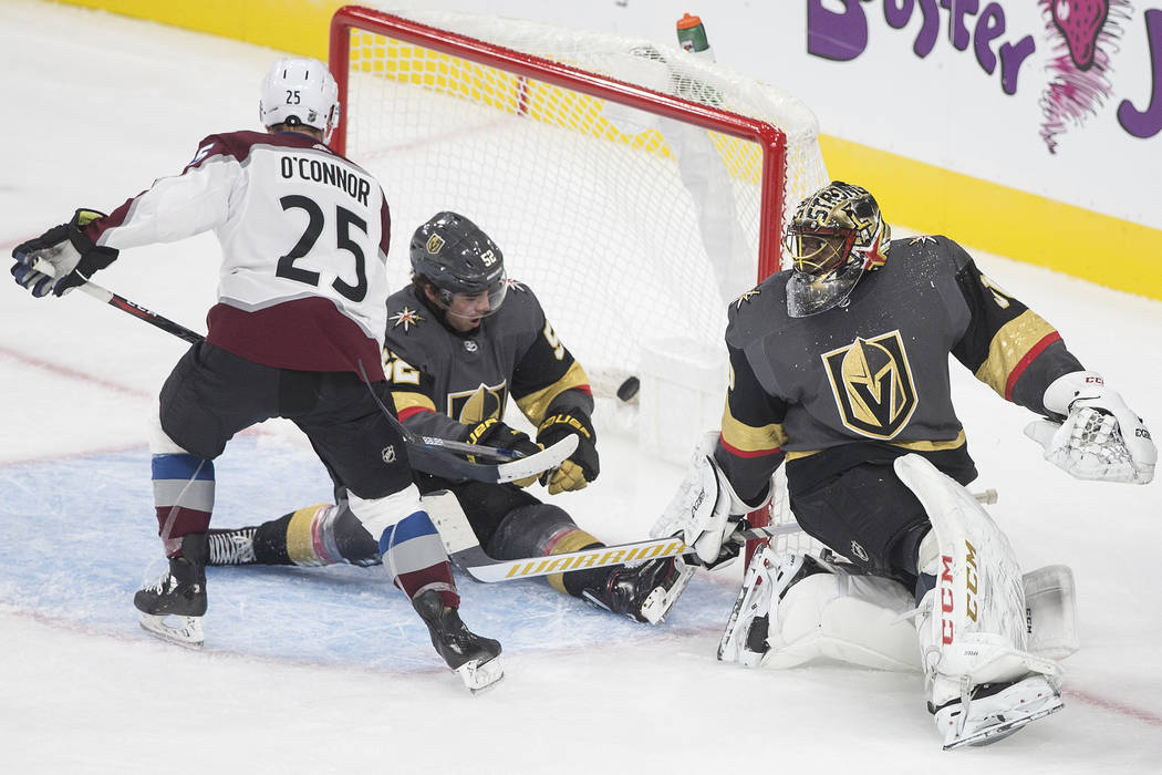 Colorado Avalanche right wing Logan O'Connor (25) scores on Vegas Golden Knights goaltender Mal ...