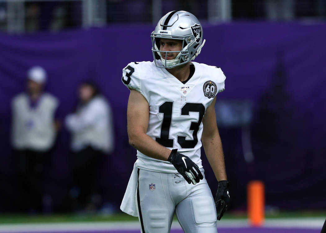 Oakland Raiders wide receiver Hunter Renfrow (13) warms up ahead of the team's NFL game against ...