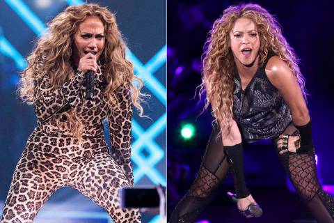 This combination photo shows actress-singer Jennifer Lopez performing at the Directv Super Satu ...