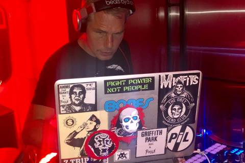 Pop artist Shepard Fairey performs a DJ set at On The Record at Park MGM on Wednesday, Sept. 25 ...