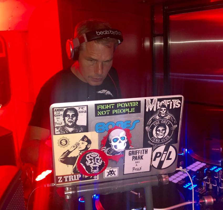 Pop artist Shepard Fairey performs a DJ set at On The Record at Park MGM on Wednesday, Sept. 25 ...