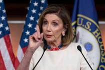 Speaker of the House Nancy Pelosi, D-Calif., addresses reporters at the Capitol in Washington, ...