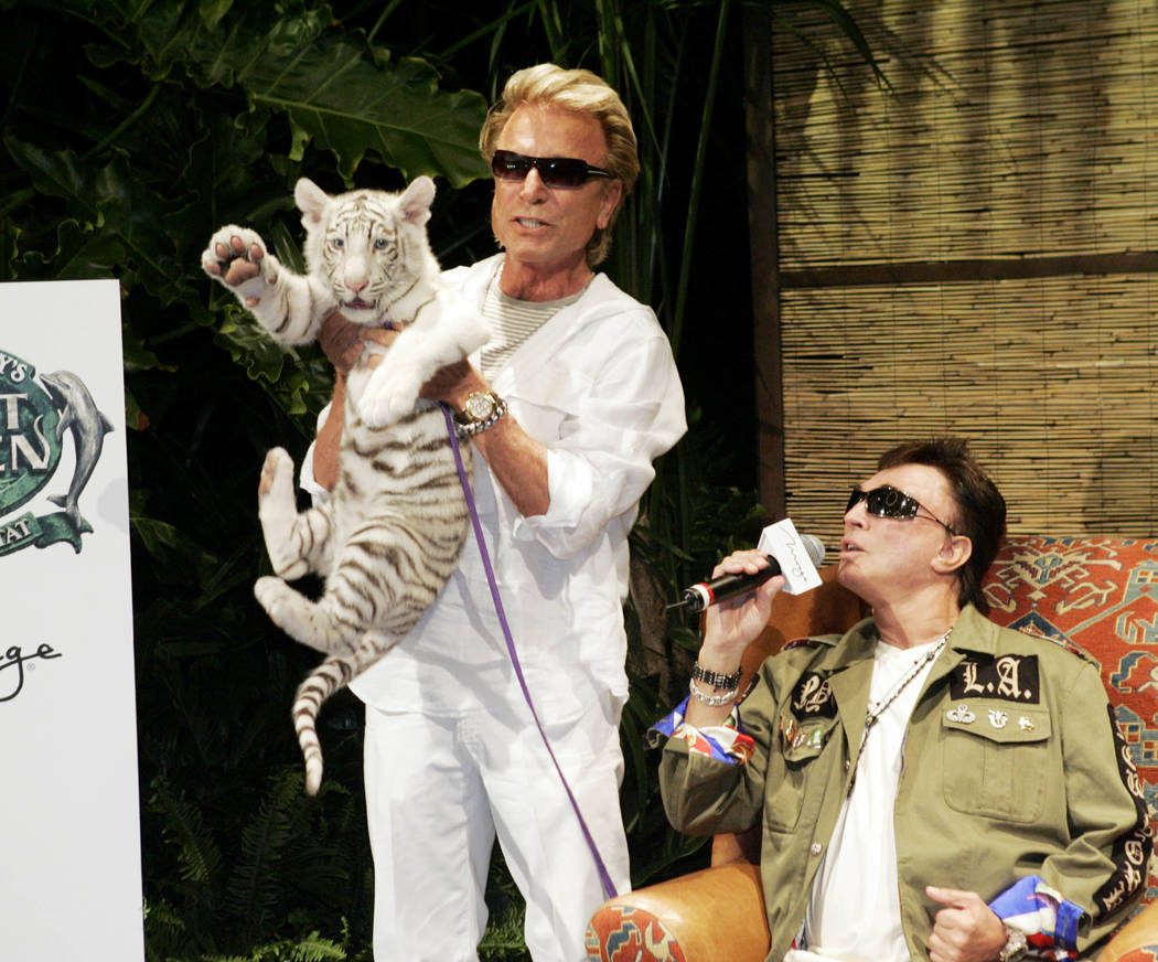 Siegfried Fischbacher, left, holds "Star," a 12-week-old female white tiger, as Roy Horn speaks ...