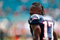 In this Sunday, Sept. 15, 2019, file photo, New England Patriots wide receiver Antonio Brown (1 ...