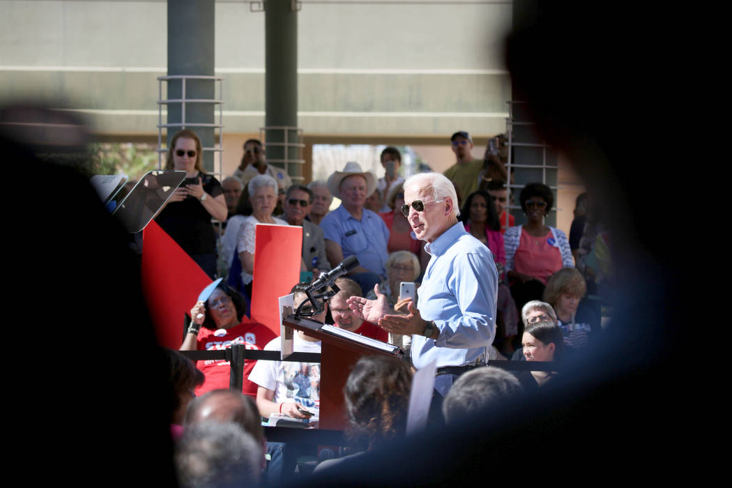 Democratic presidential candidate former Vice President Joe Biden speaks at the East Las Vegas ...