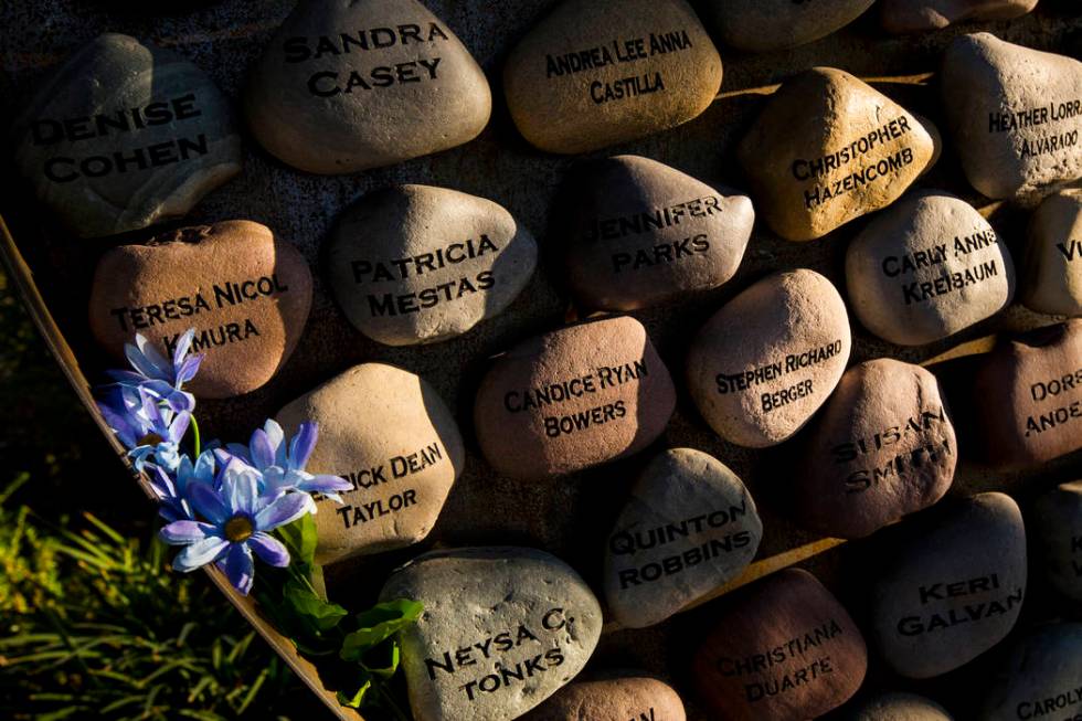 Stones inscribed with the names of the 58 Oct. 1 victims at the Las Vegas Healing Garden in Las ...