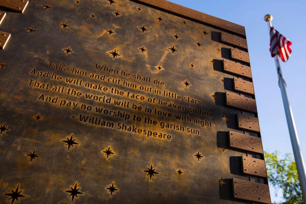 A wall featuring a quote from William Shakespeare at the Las Vegas Healing Garden in Las Vegas ...