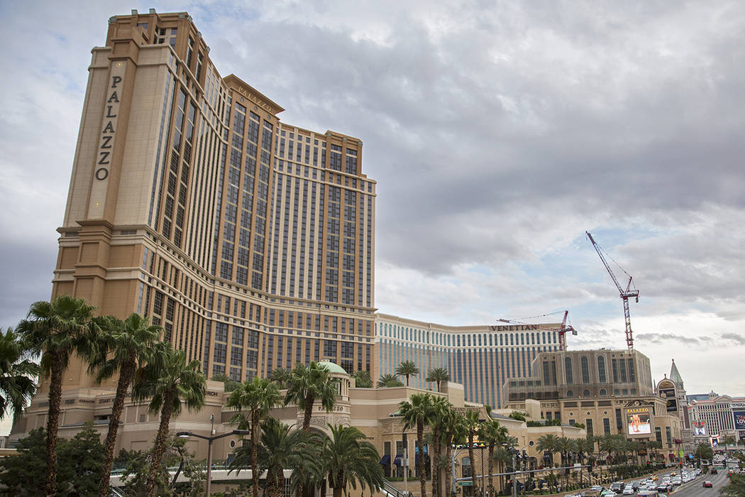 Cars pass by Palazzo on the Strip on Thursday, May 9, 2019, in Las Vegas. (Benjamin Hager/Las V ...