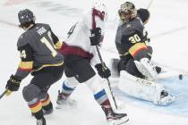 Vegas Golden Knights goaltender Malcolm Subban (30) makes a save against Colorado Avalanche lef ...