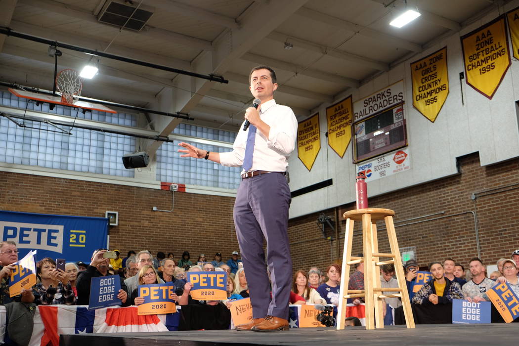 Democratic presidential candidate Pete Buttigieg addresses several hundred supporters at a rall ...