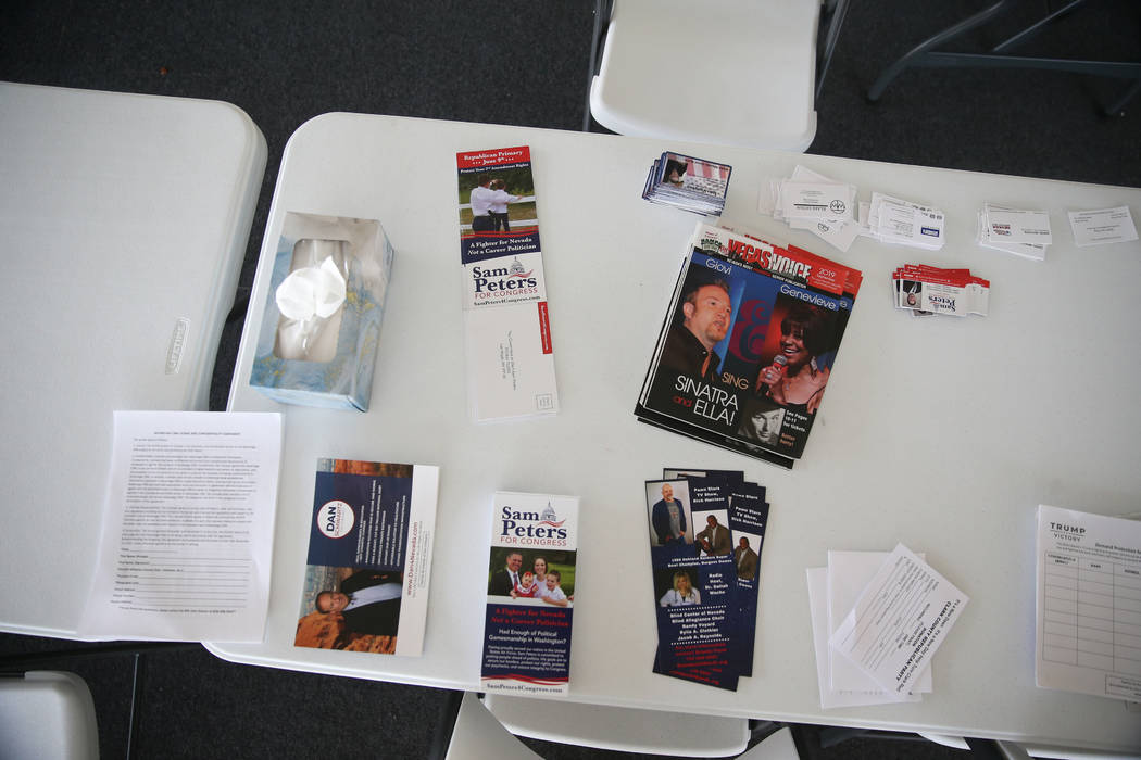 Pamphlets inside the Clark County Republican Party headquarters in Las Vegas after a break-in e ...