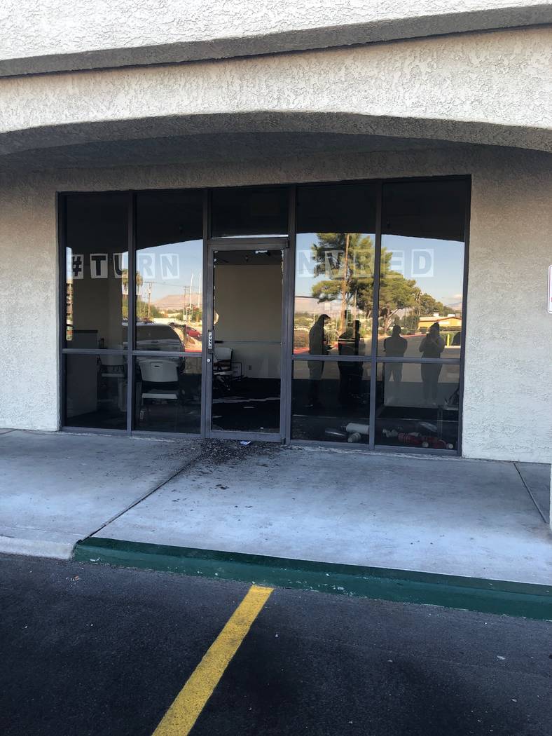 A broken door at the Clark County Republican Party office on Saturday, Sept. 29, 2019. (Tiffany ...